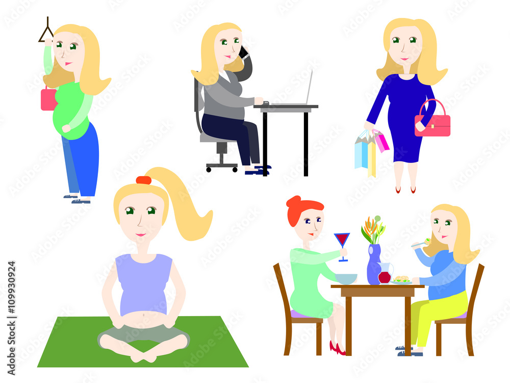 Pregnant woman daily life set of vector illustrations Pregnant woman daily life set of vector illustrations
