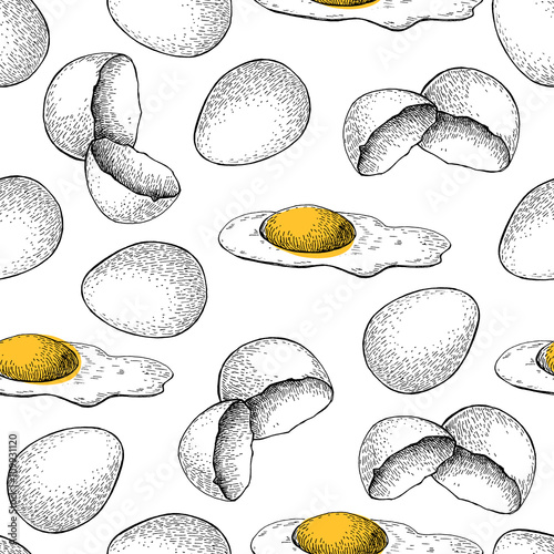 Vector seamless chicken scrambled egg pattern. Engraved style il
