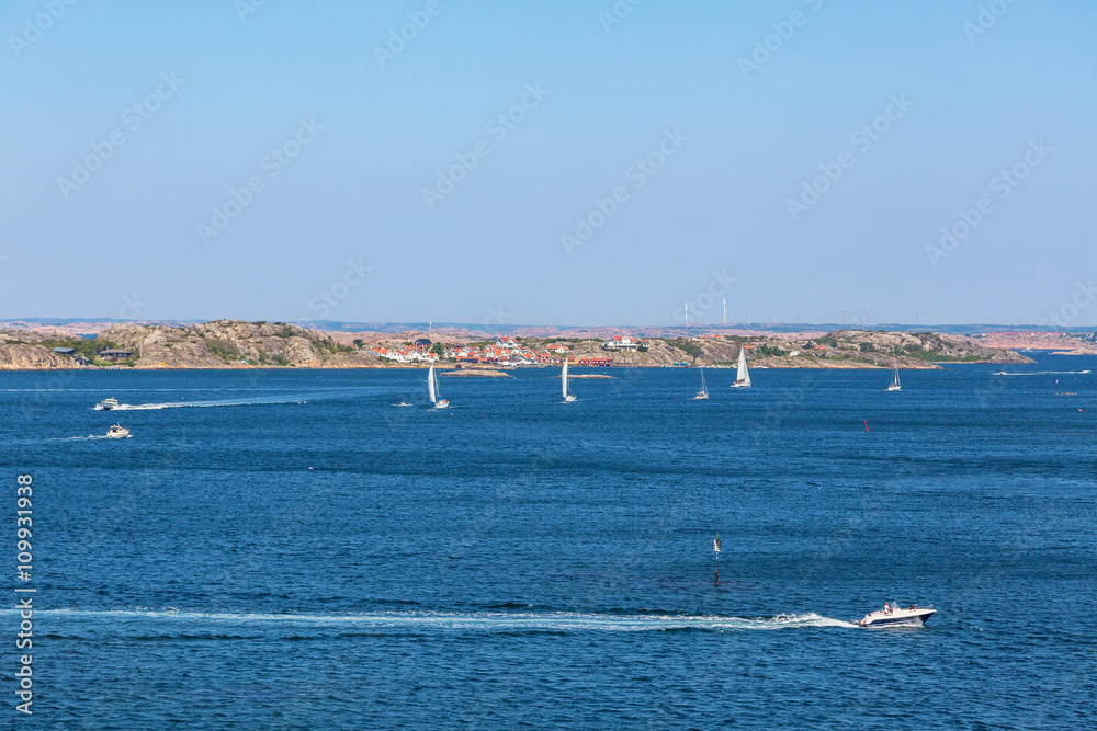 View of the sea archipelago on the Swedish west coast with boats