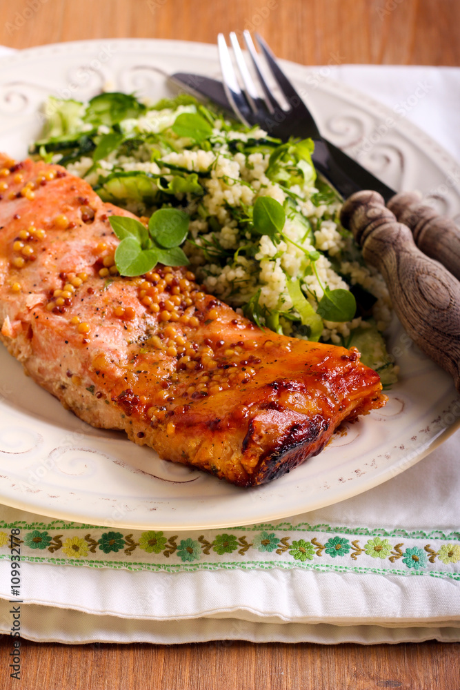 Mustard and honey glazed salmons and salad Mustard and honey glazed salmons and salad