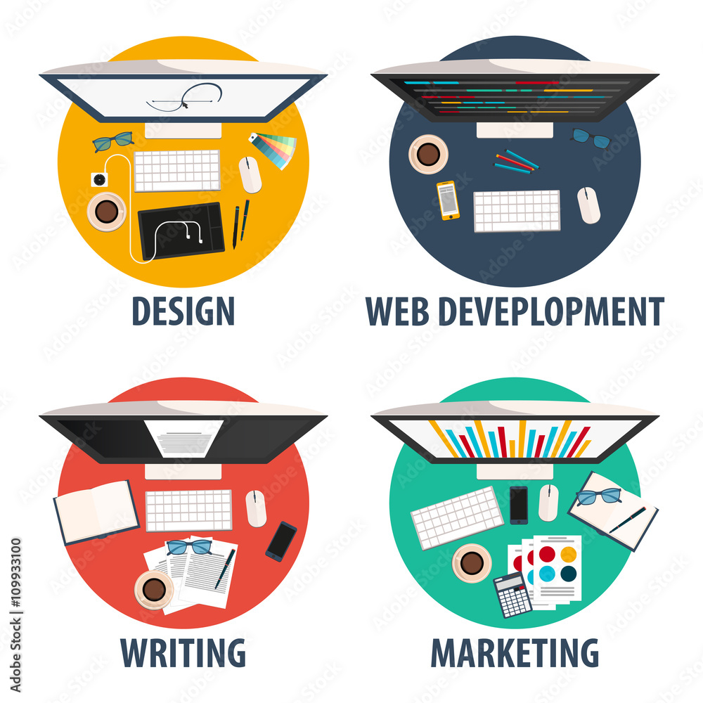 Design, web development, writing and marketing. Freelance profession set 