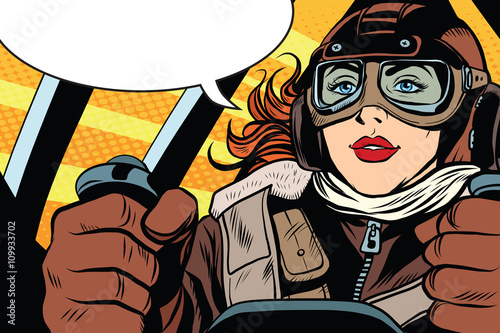 Girl retro pilot on the plane