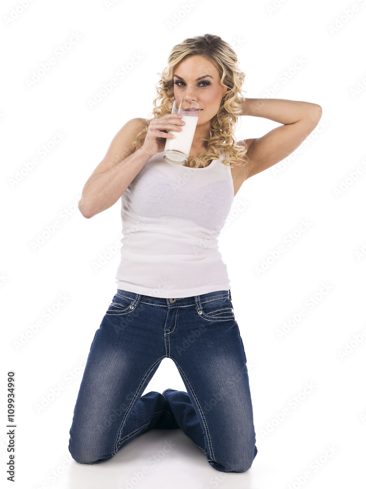 beautiful woman drinking milk on white background beautiful woman drinking milk on white background