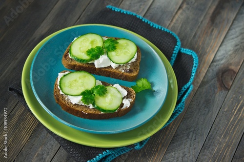 Healthy vegetarian sandwich with cucumber and curd cheese