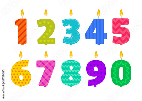 Vector flat design birthday candle set in the shape of all numbers. Burning colorful candles with different festive patterns in flat style. For anniversary party invitation, cards design, decoration.