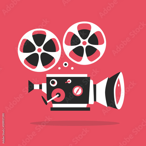 Retro movie projector poster. Cartoon vector illustration. Cinema motion picture