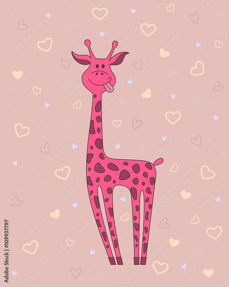 Fototapeta premium Vector illustration of giraffe on pink background with hearts