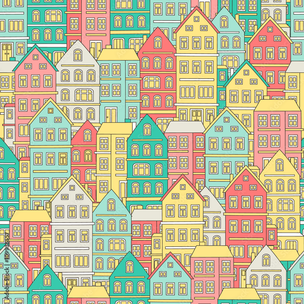 Doodle house. Vector seamless pattern with doodle houses. Cute background with many homes. Pastel colors - yellow, grey, pink and green.