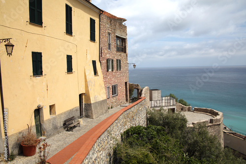 panoramic view of Cervo old town and the Mediterranean along the Italian Riviera , Italy