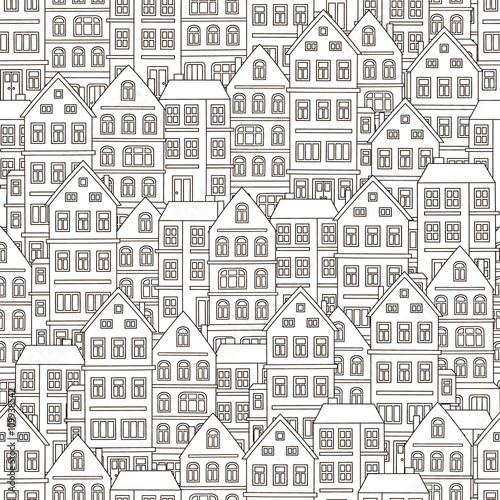 Doodle house. Vector seamless pattern with doodle houses. Cute background with many homes. Black and white colors. Pattern for coloring book.