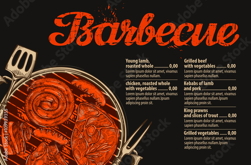 Barbecue, grill. Vector template of menu design for restaurant, cafe. Hand drawn sketch food, meat