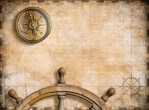 vintage nautical map with compass background 3d illustration photo