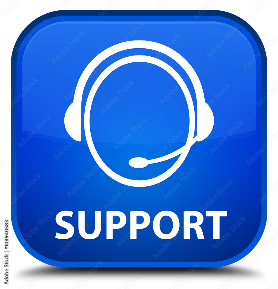 Support (customer care icon) blue square button Support (customer care icon) blue square button