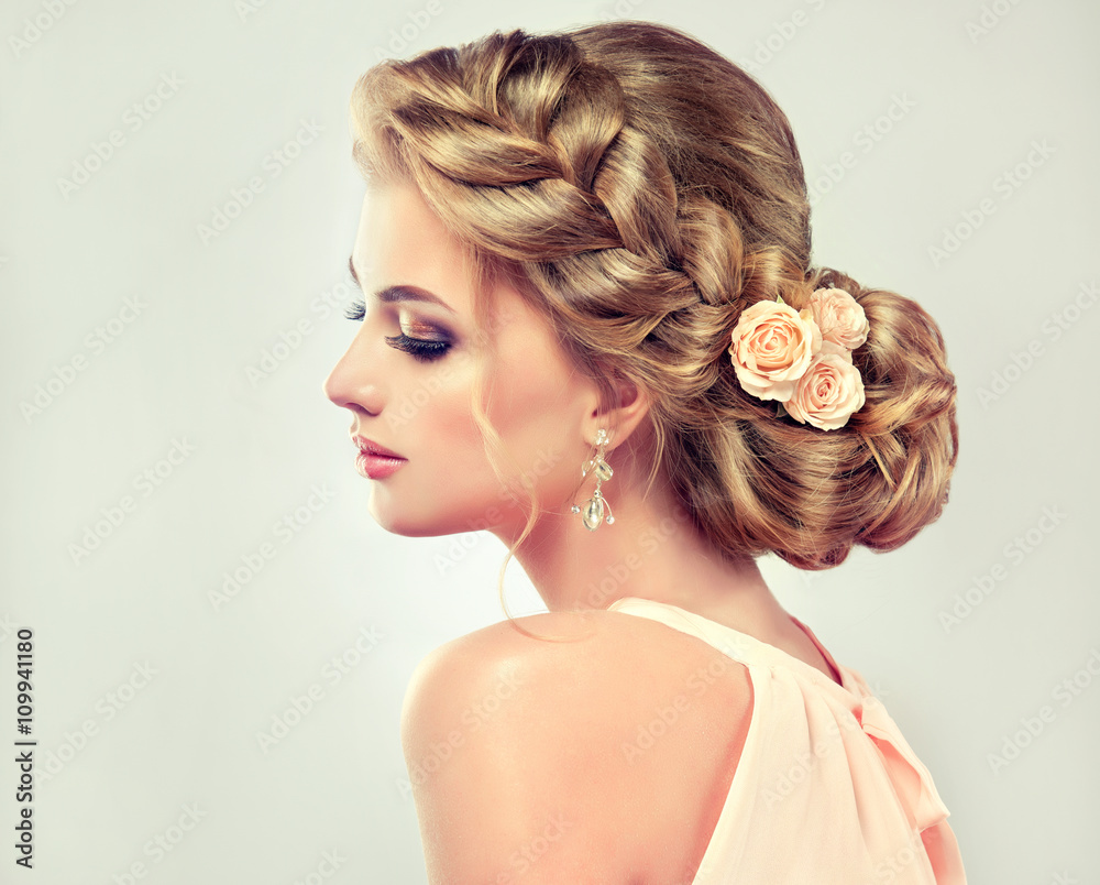 Beautiful model girl with elegant hairstyle . Beautiy woman with fashion  wedding hair and colourful makeup Stock Photo | Adobe Stock