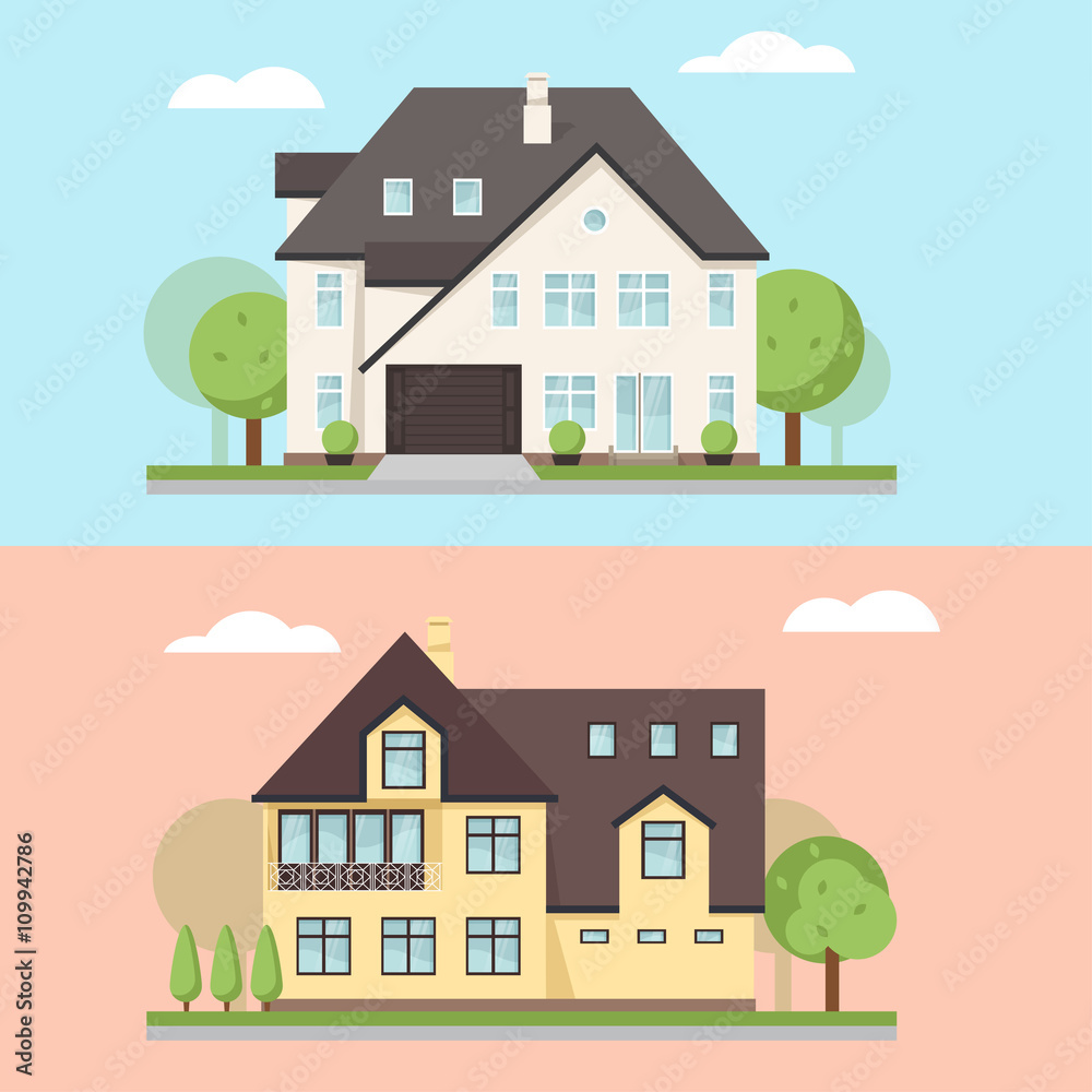 Vector illustration of two family houses or cottages.