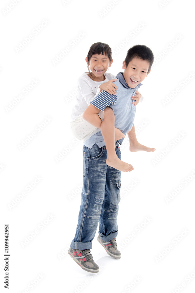 pretty girl enjoying riding on boy isolated on white pretty girl enjoying riding on boy isolated on white