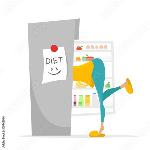 Illustration of girl searching something to eat in the fridge.