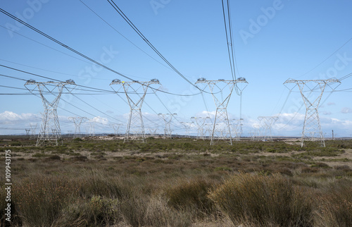 MELKBOSSTRAND NORTH OF CAPE TOWN SOUTH AFRICA Power lines feed electricity to the national grid from the Koeberg nuclear power station