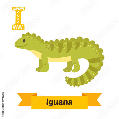 Iguana. I letter. Cute children animal alphabet in vector. Funny