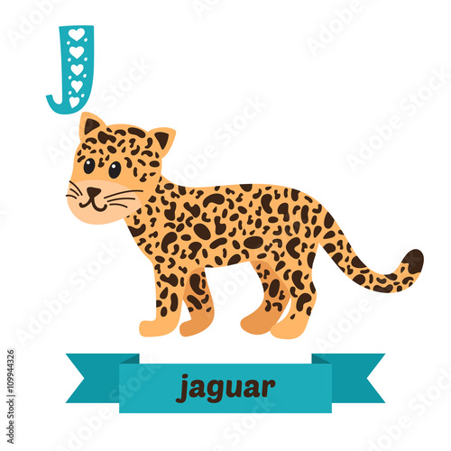 Jaguar. J letter. Cute children animal alphabet in vector. Funny