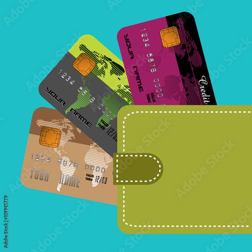 Colorful illustration with green wallet containing three credit cards