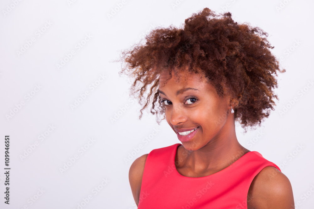 Young black African American woman with frizzy afro hair