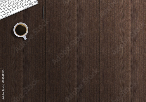 Office table top view mock up image with keyboard and coffee. Wooden background