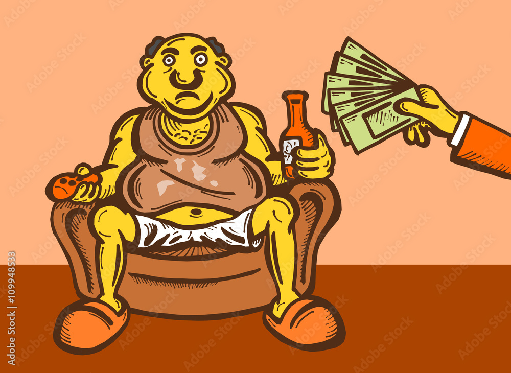 Unconditional Basic Income - fat unemployed man is sitting in the chair and watching TV and drinking beer. Hand is giving him money, salary / welfare benefit. Cartoon illustration, yellow, orange.