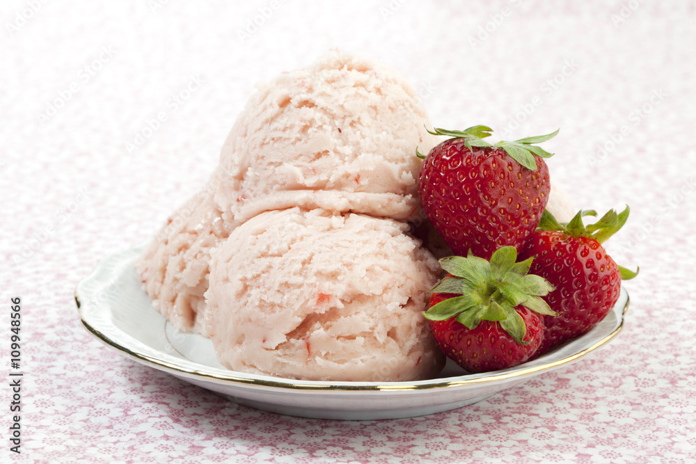 white plate with strawberry ice cream and strawberries white plate with strawberry ice cream and strawberries