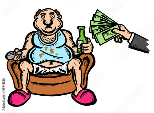 Unconditional Basic Income - fat unemployed man is sitting in the chair and watching TV and drinking beer. Hand is giving him money, salary / welfare benefit. Cartoon illustration isolated on white. photo