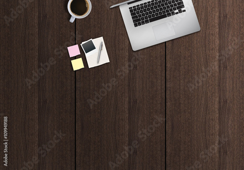 Office desk top view hero mock up image. Wooden background