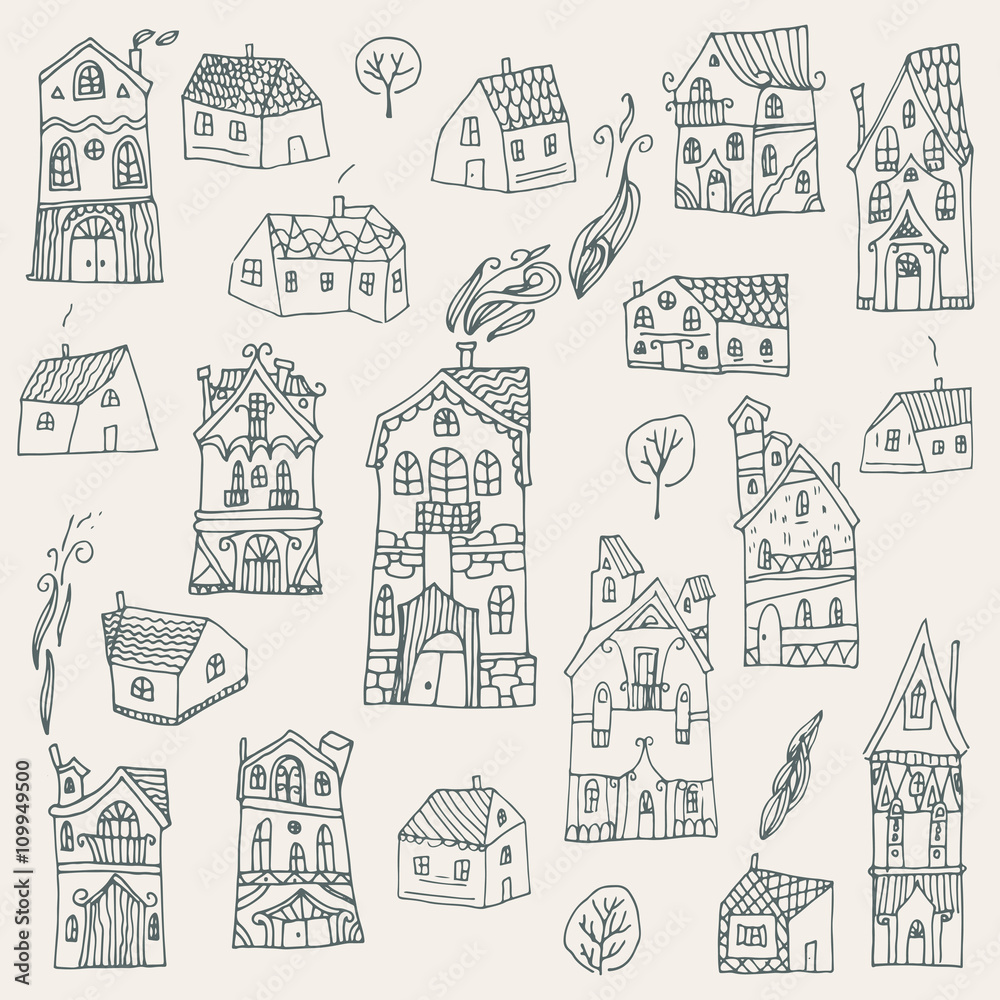 Set of cute hand drawn houses. Vector illustration.