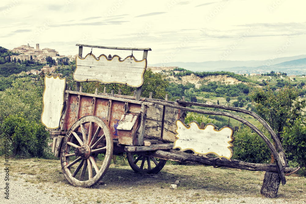 Old wooden cart against vineyards, Tuscany, Italy. Processing in retro style