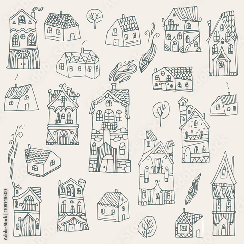 Set of cute hand drawn houses. Vector illustration.