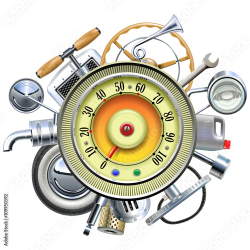Vector Retro Car Parts with Speedometer