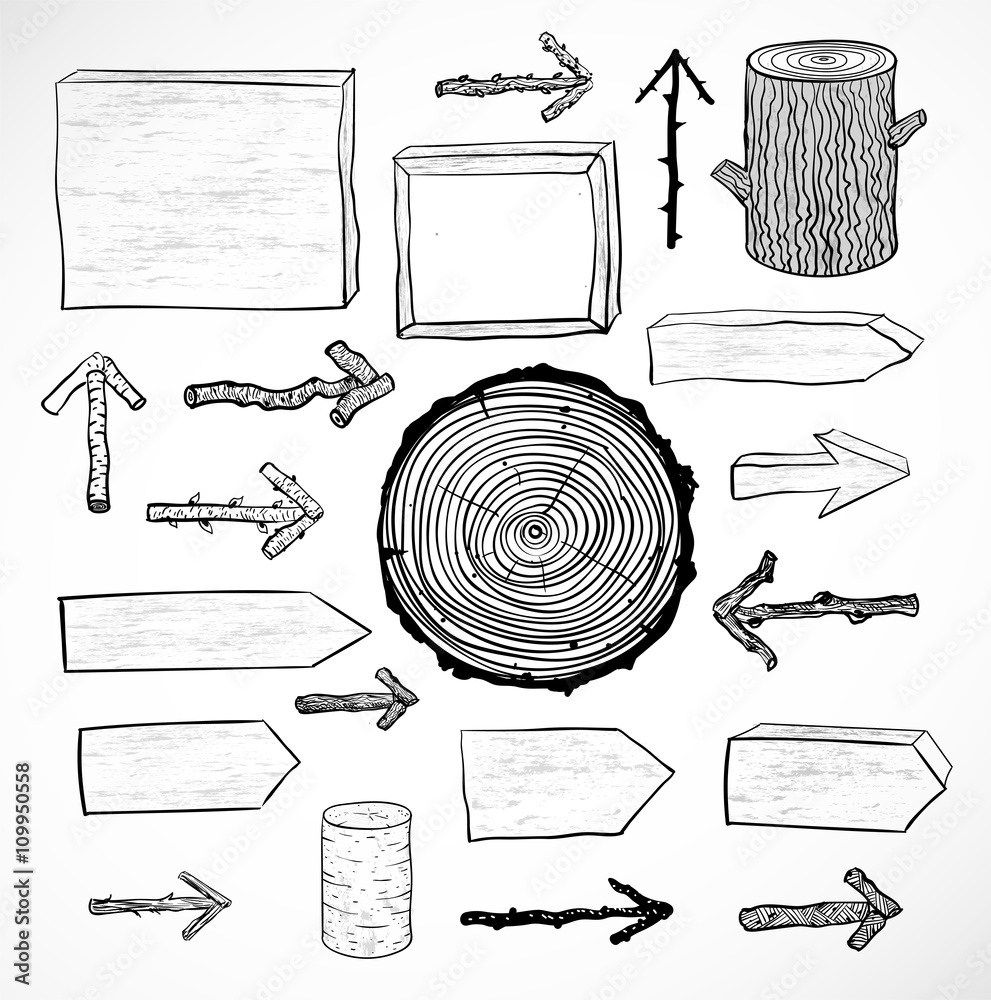 Set of rustic wooden backgrounds and objects hand drawn in sketchy style isolated on white