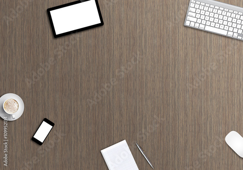 Office business desk top view hero mock up image. Wooden background