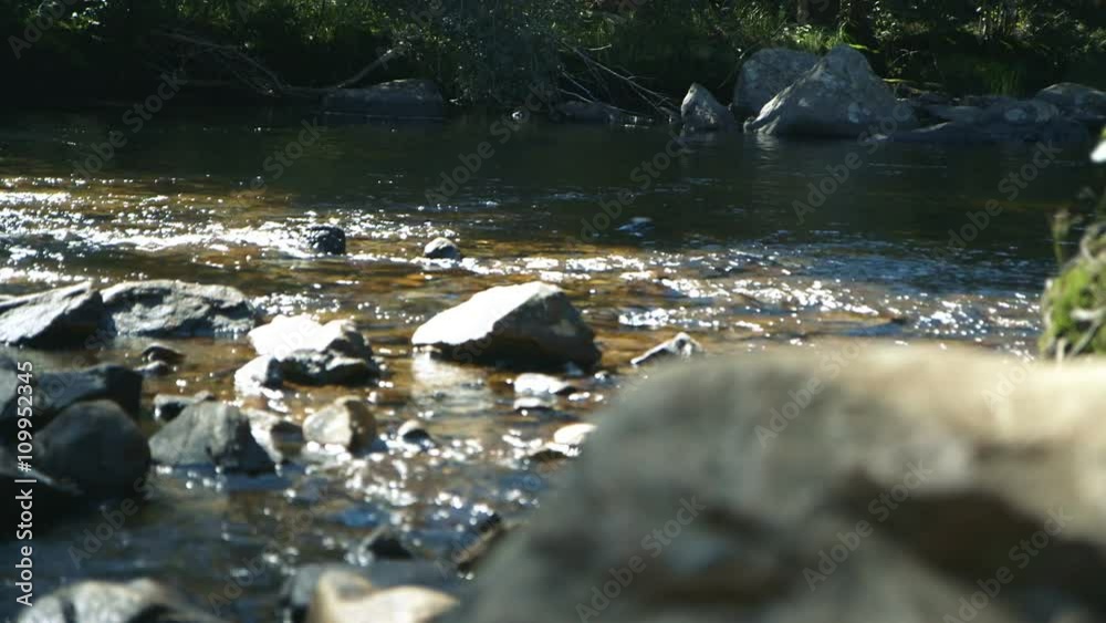 Scene changes focus from a large boulder to the sunlit waters of a swift shallow mountain stream. Scene changes focus from a large boulder to the sunlit waters of a swift shallow mountain stream.
