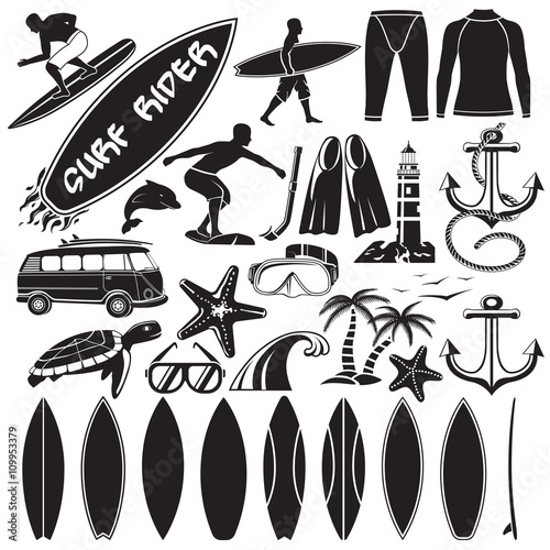 Vector set of surfing design elements - surfers, surf board, swim suit, palms, dolphin, turtle, anchor, different surfboard shapes, car.