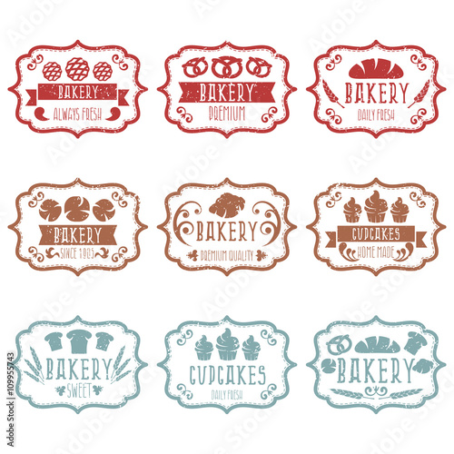 Collection of vintage retro bakery logo labels with bread,pretze