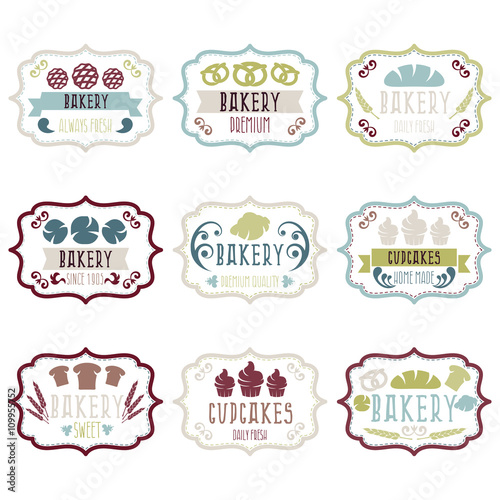 Collection of vintage retro bakery logo labels with bread,pretze