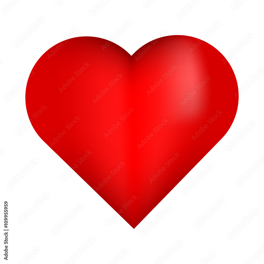 Beautiful red 3D heart. Red heart. Bright red heart. Shiny red heart. 3D red heart isolated on white background. Red heart with white reflection. 