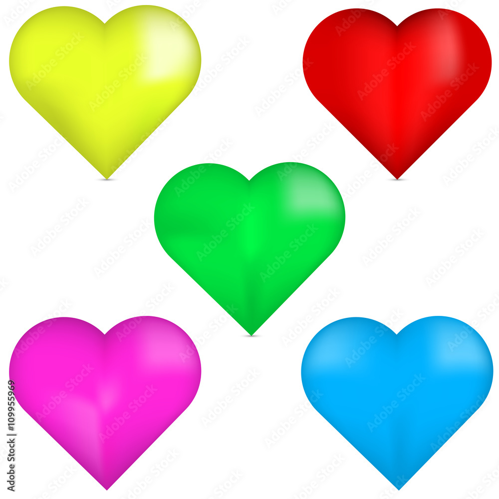3D red heart, 3D yellow heart, 3D green heart, 3D pink heart, 3D blue heart. Set of 3D colorful hearts. Colorful hearts isolated on white background. Set of beautiful hearts.