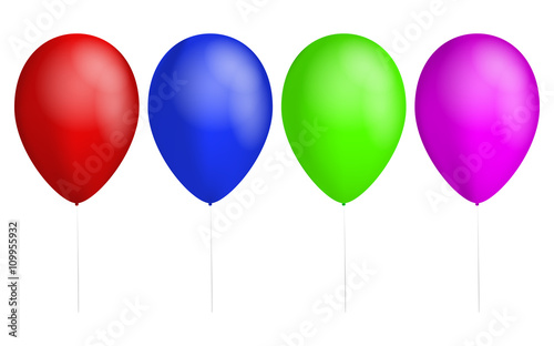 Set of four colorful balloons. Red balloon. Blue Balloon. Green balloon. Pink balloon. Ballons with rope or cord. Shiny birthday balloons. Balloons with white reflection. 