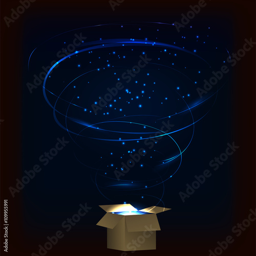 Magic box. Magic box with tornado fireworks. Magic box with circular plasma explosion. Magic box with sparkles. Box full of blue magic. Spell from magic box. Charming magic box.