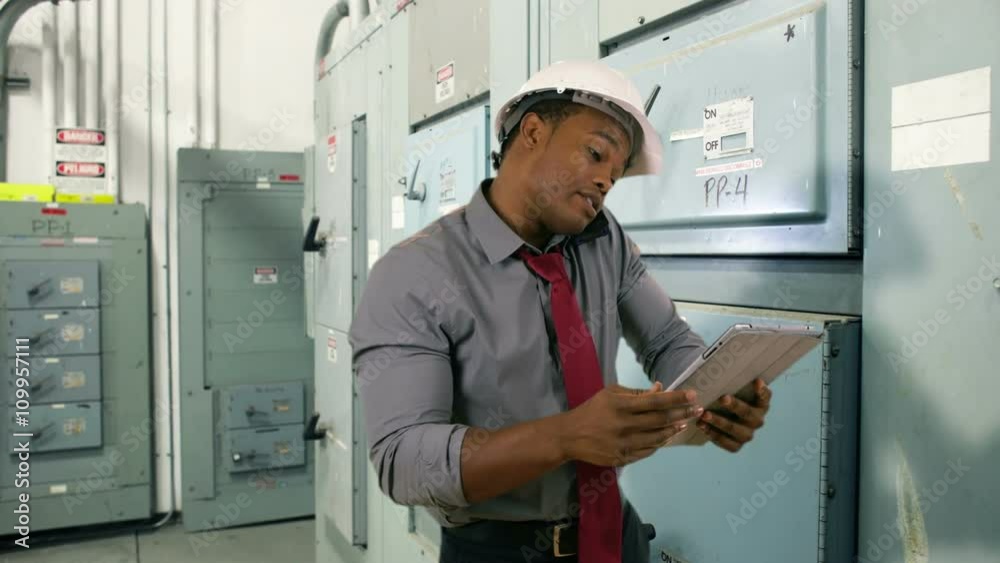An electrical engineer on a job site using a digital table having a conversation on his cell phone. An electrical engineer on a job site using a digital table having a conversation on his cell phone.