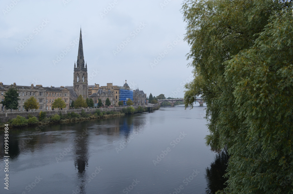 Tower of Saint Johns Kirk church along river Tay in Perth, Scotland