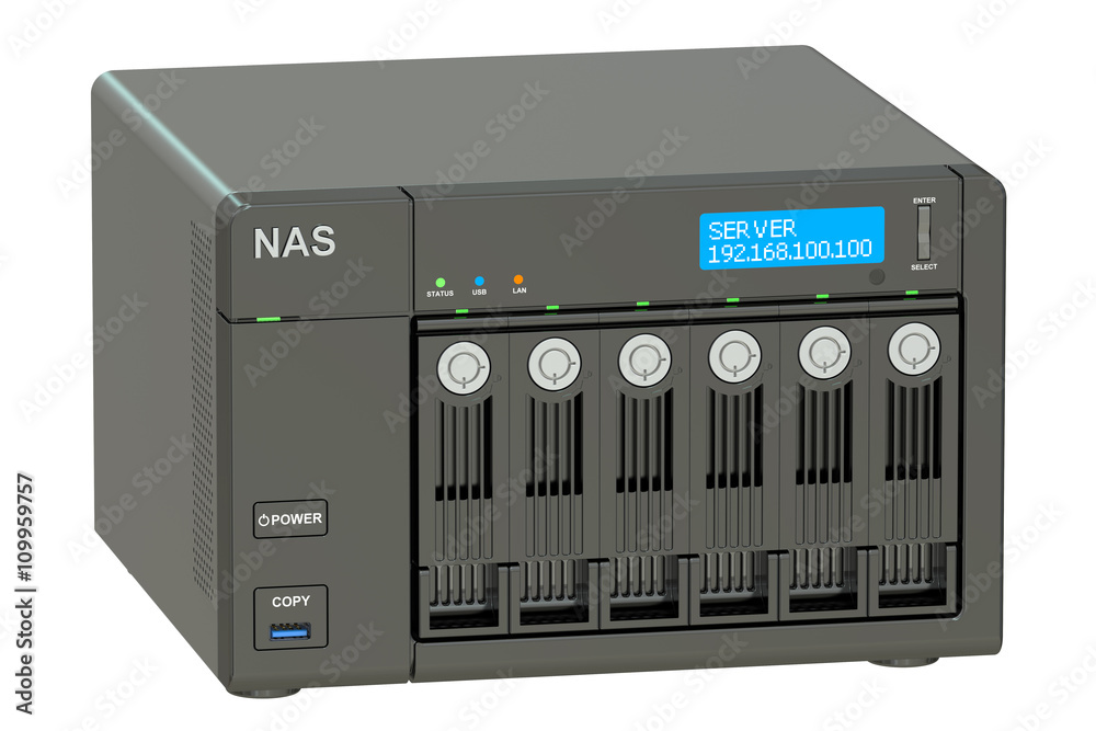 NAS with six disks, 3D rendering NAS with six disks, 3D rendering