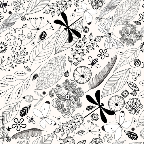 Floral seamless pattern with butterflies