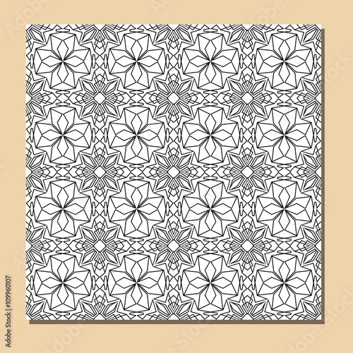 Cubist ornamental seamless tile in black and white, square decorative element composed of polygonal shapes